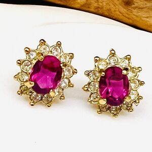 Vintage ROMAN Faux Pink Sapphire Ruby Rhinestones Stud Earrings Flower NICE 4081